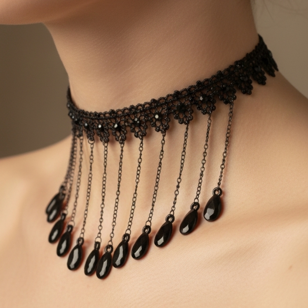 ♠️ Elegant Black Lace Choker Necklace Dangle Beaded New